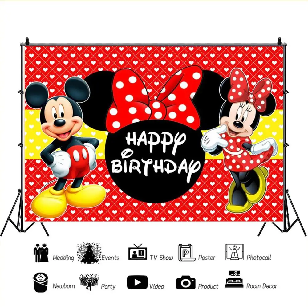 1pcs Custom Mickey Mouse Birthday Photography Backdrops Minnie Party Photo Background Newborn Baby Shower Decoration - купить по