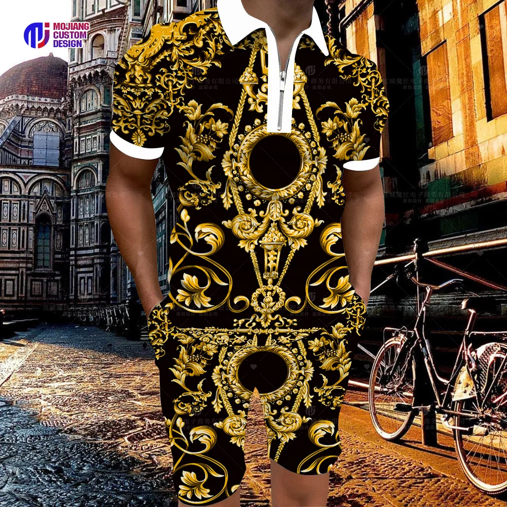 2023 Luxury Men's Polo Shirt Casual Brand Big Gold Chain Set 3d Color Printing Short Sleeve New T-Shirt Men's Lapel Zipper Short