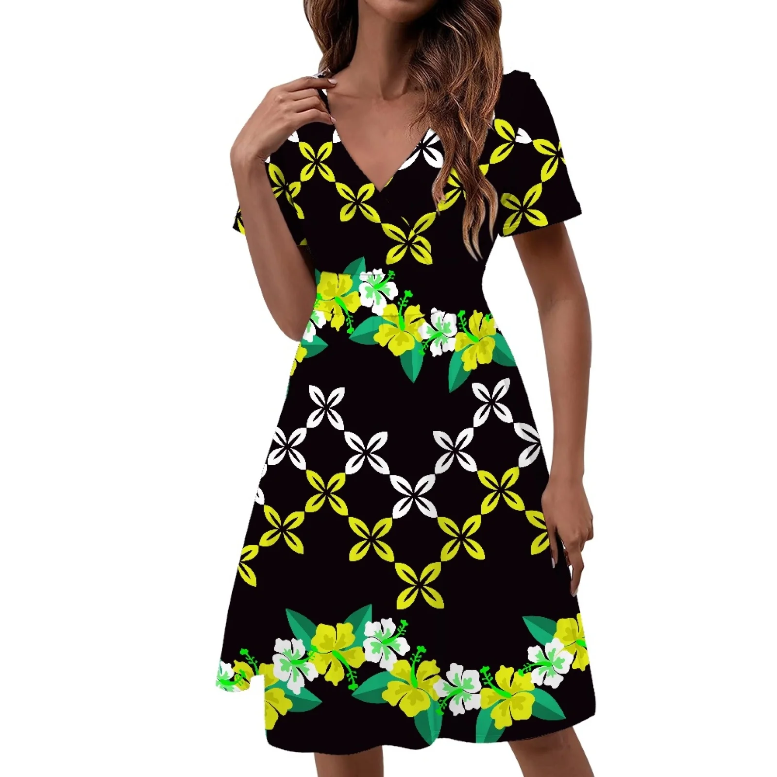 

Polynesian Tribal Hawaiian Totem Tattoo Hawaii Prints Holiday Slim Sundress Elegant Vintage Style Knee-Length Short Sleeve Dress