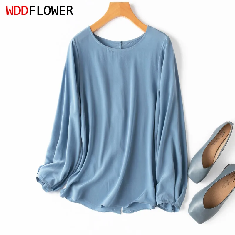 

Женская рубашка с длинным рукавом, блузка из шелка тутового крепа синего цвета, на пуговицах сзади, с оборками, для офиса и работы, MM318, 100%