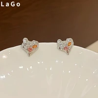 trendy jewelry s925 needle irregular heart earrings for girl pretty design metal silvery plated pink crystal stud earrings