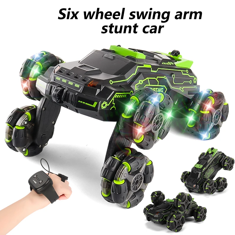 Six Wheel Spray RC Stunt Car 4WD Swing Arm Drift Vehicle Gesture Induction Deformation Remote Control Car with Light Boy RC Toys