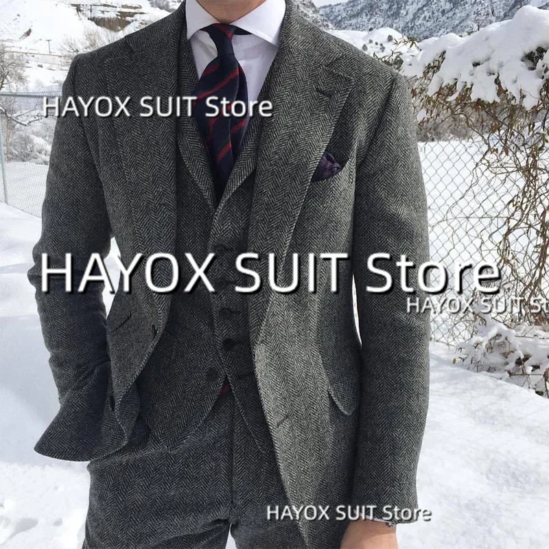 

Men's Suit 3 Piece Herringbone Lapel Single Breasted Blazer Set New Fashion Wool Costume Homm Tuxedo For Wedding