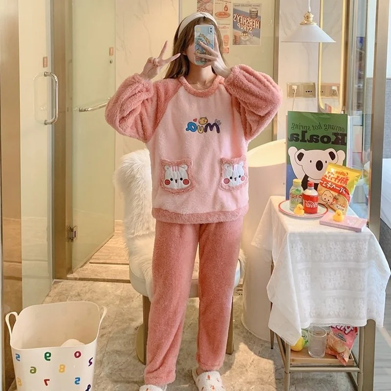 QWEEK Kawaii Cat Pijamas Winter Pajamas for Women Round Neck Flannel Pocket Pyjamas Two Piece Sets Sleepwear Pour Femme Roomware