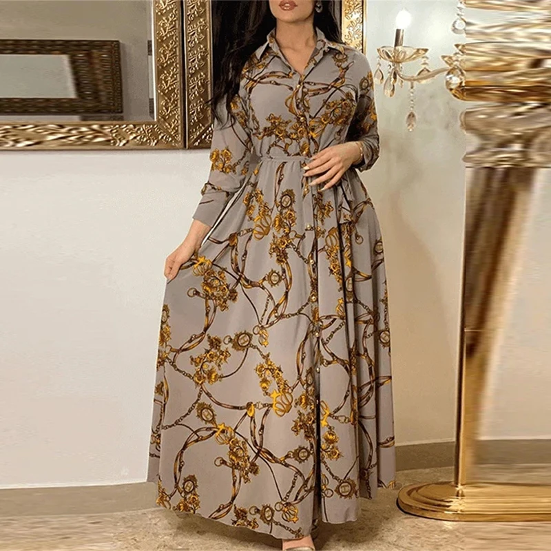 

Spring Retro Pattern Print Long Shirts Dress Women Elegant Turn-down Collar Office Dress Autumn Long Sleeve Button Boho Dresses