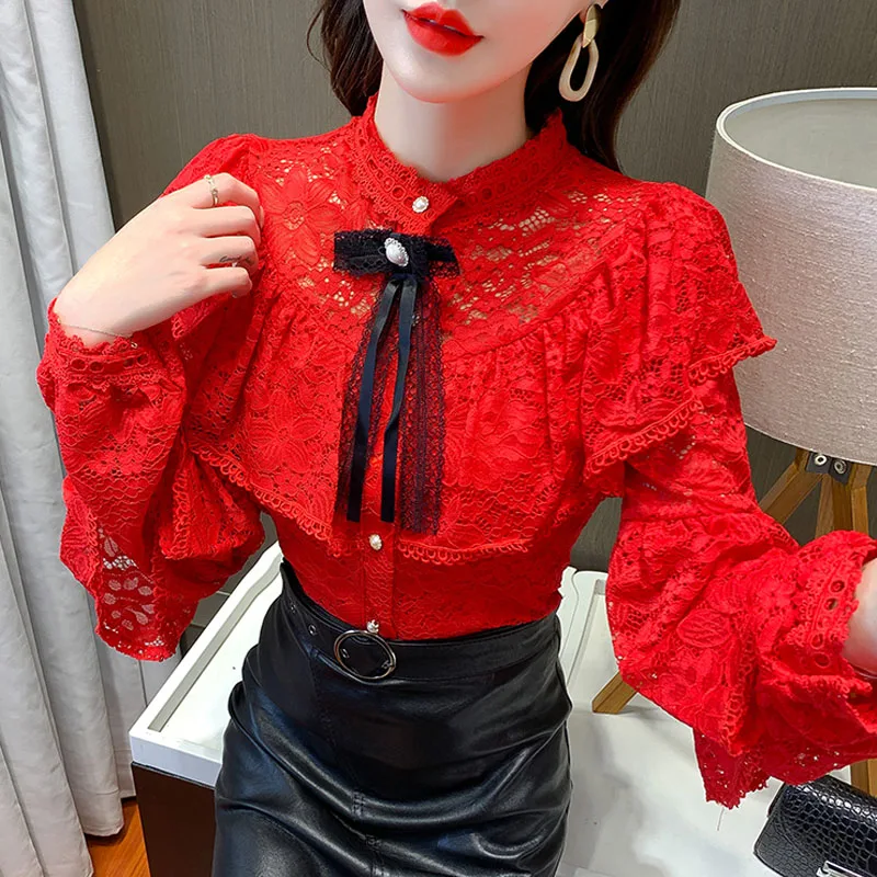 

Kalenmos African Elegant Lace Bottoming Spring Shirt Autumn Hollow Flower Ruffle Blouse Bow Beading Long Sleeve Blusas