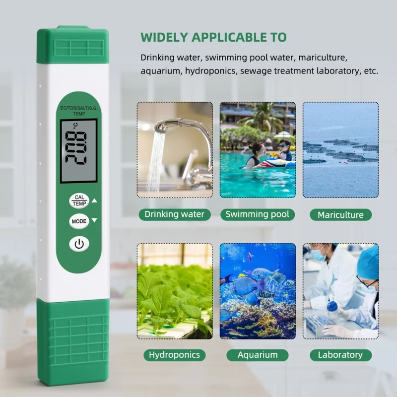 

Water Quality Tester C-100 Multifunctional 5 in 1 Salinity TDS EC Seawater Test Pen Water Quality Tester Detector PH Tester