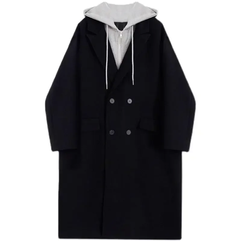 

Fake Two Piece Woolen Coat Women Winter New Korean Version Loose Warm Mid Length Spliced Hooded Woolen Coat Women Windproof Coat