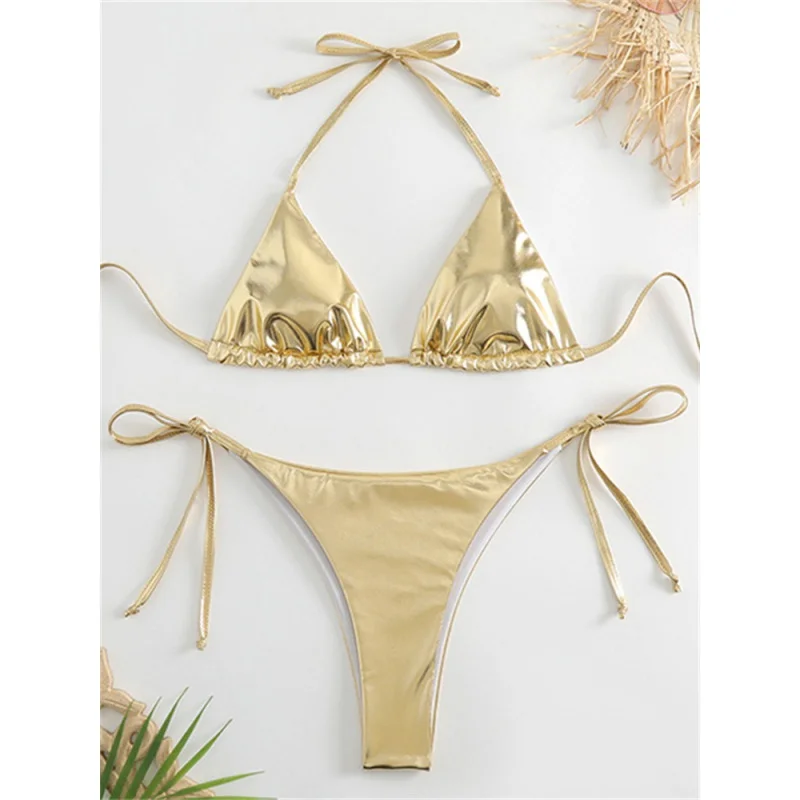 

Соблазнительный золотистый комплект бикини Brozing, Женский однотонный купальник пуш-ап микро 2023, бразильский пляжный купальный костюм, треугольный купальник с завязками сбоку