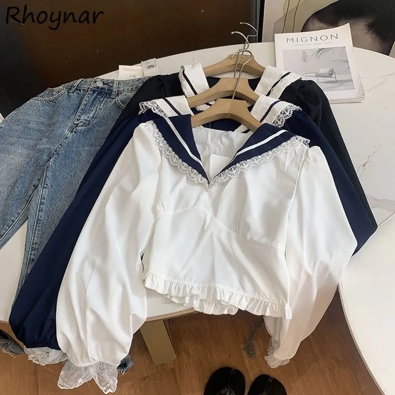 

Sailor Collar Blouses Women Cropped Clothes Spliced Aesthetics French Hipsters Sweet Girlish Preppy Chemise Personal Streetwear