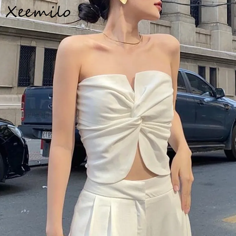 

Xeemilo Y2K Twist Knot Tube Top Women White Strapless Corset Tank Tops Sexy Backless Off Shoulder Summer Casual Srteetwear Vest