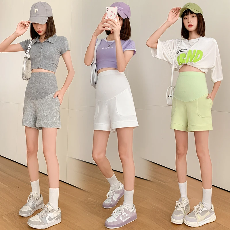 

637# Summer Cotton Maternity Shorts Sports Casual High Waist Belly Clothes for Pregnant Women Wide Leg Loose Pregnancy Hot Ins
