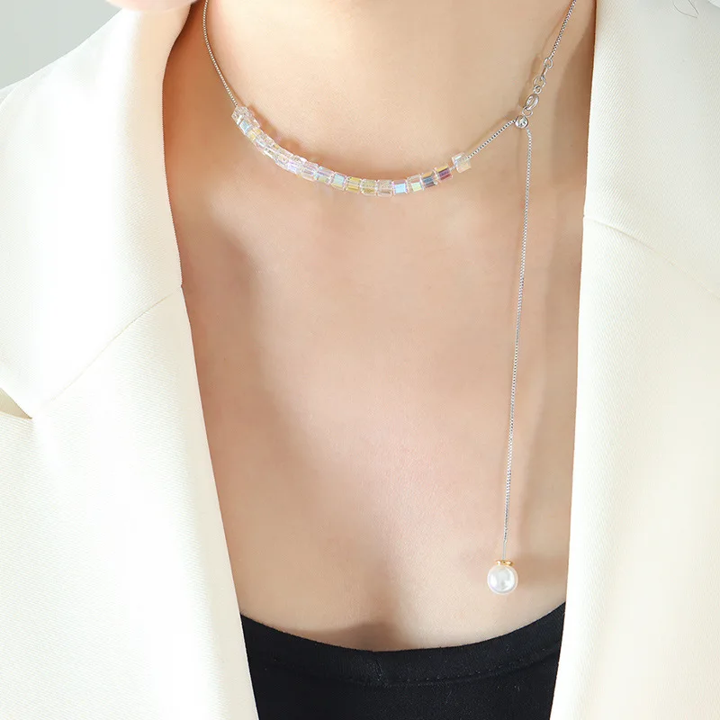 

SDA Square Crystal Stone Faux Pearl Pendant Necklace Copper Women Jewelry