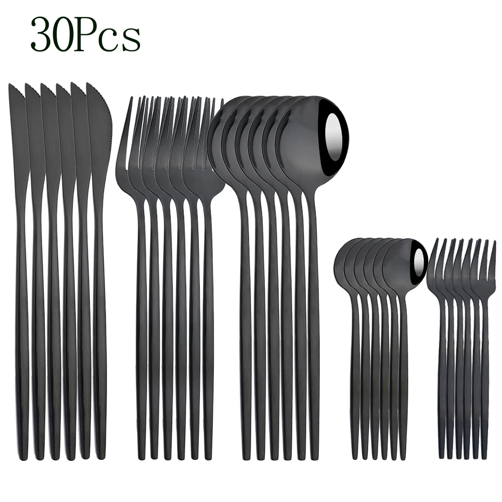 24pcs Black Dinnerware Set Stainless Steel Cutlery Mirror Silverware Knife Fork Spoon Tableware Flatware Dishwasher Safe