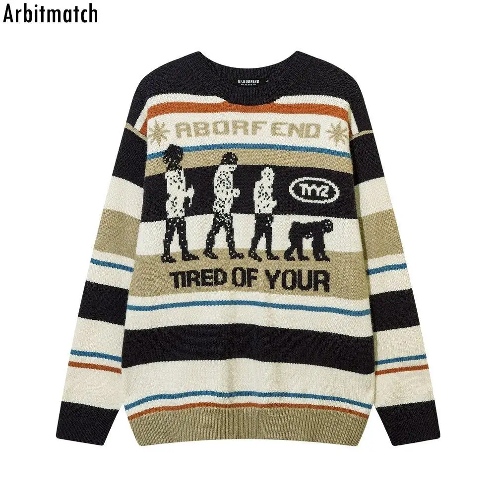 

2022 HIP HOP Knitted Sweater Vintage Contrast Stripe Embroidery Sweater Harajuku Oversize Warm Street Pullovers for Men Women