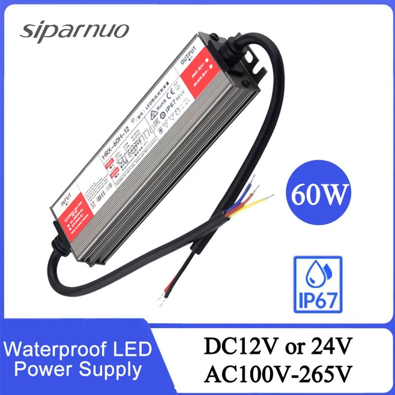 Rainproof Lighting Transformers AC 100V 265V To DC 12V 24V Waterproof LED Driver 60W LED Power Adapter Supply For Outdoor Use