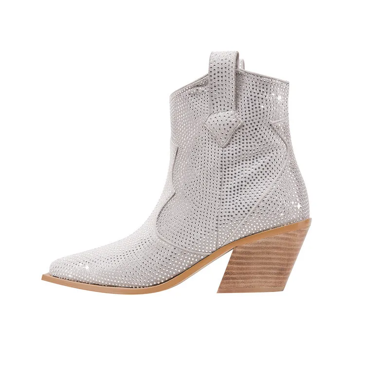 Women's Shine Western Cowboy Boots 2023 New Sexy Chunky Heels Ankle Boots Fashion Diamond Pointed Toe Chelsea Boots