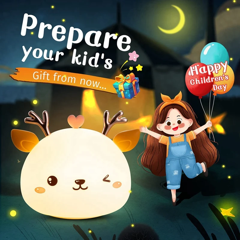 Promotion! Portable Night Lights for Kids Baby Silcone Light USB Rechargeable Deer Lamp with Press Sensor |