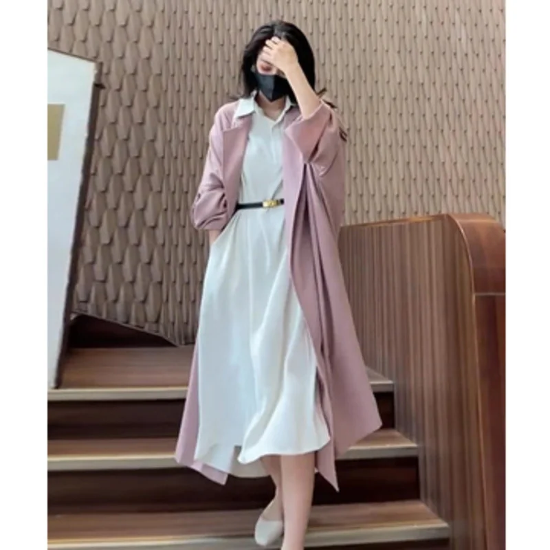 

Women Trench Coat Maxi Dresses Belt Elegant Long Sleeve Two Piece Set Loose Fit Windbreaker Fashion Tide Vestido Casaco Feminino