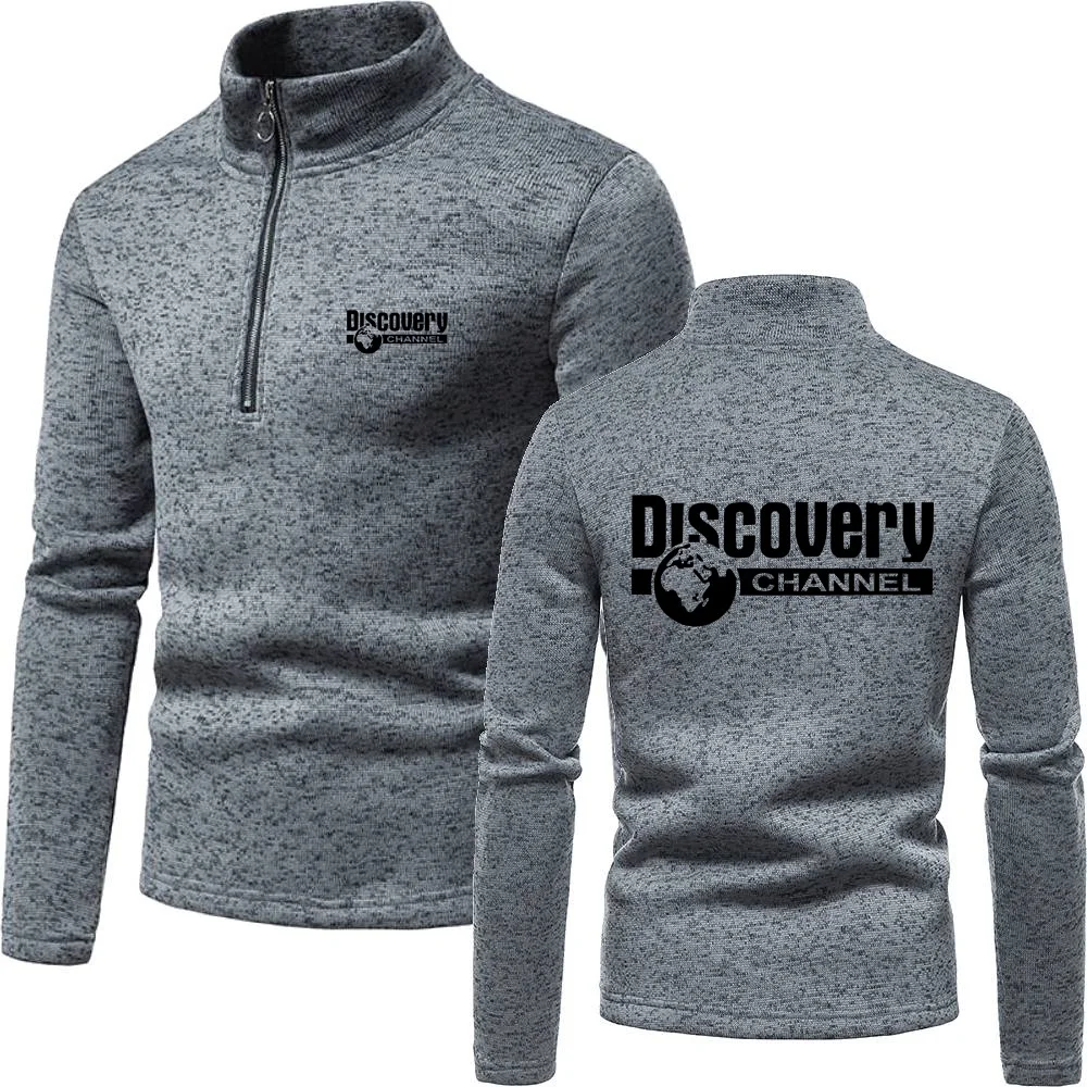 

Autumn Winter Men Basic Turtleneck Sweater Half Zip Open Collar Pullover Tops Discovery Channel Sign Sweatshirts Male Clothes