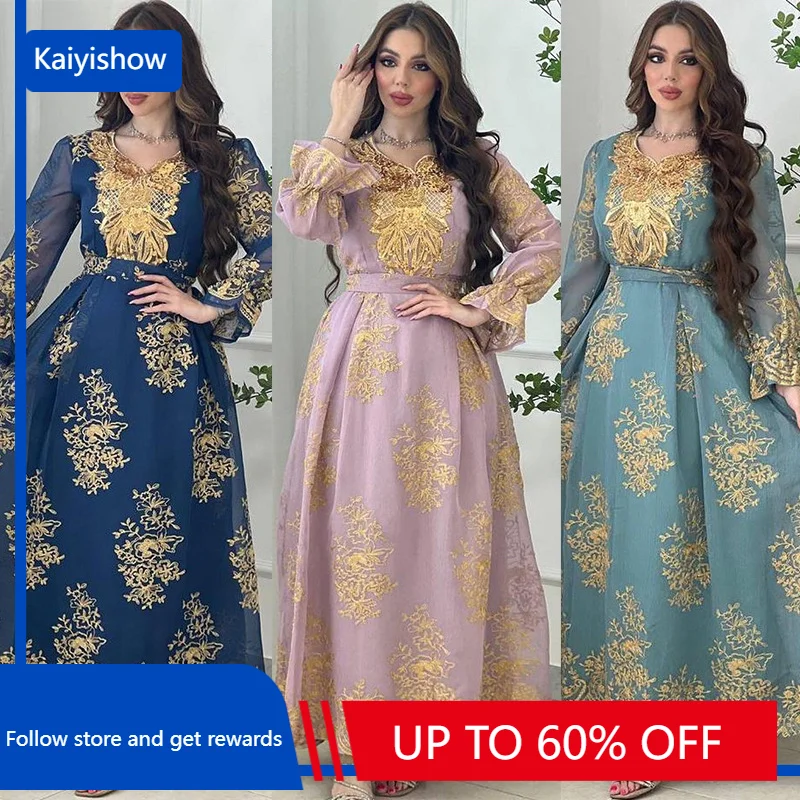 Muslim Fashion Dresses 2023 Spring Summer Muslim Women Long Sleeve V-neck Polyester Embroidery Long Dress Muslim Abaya
