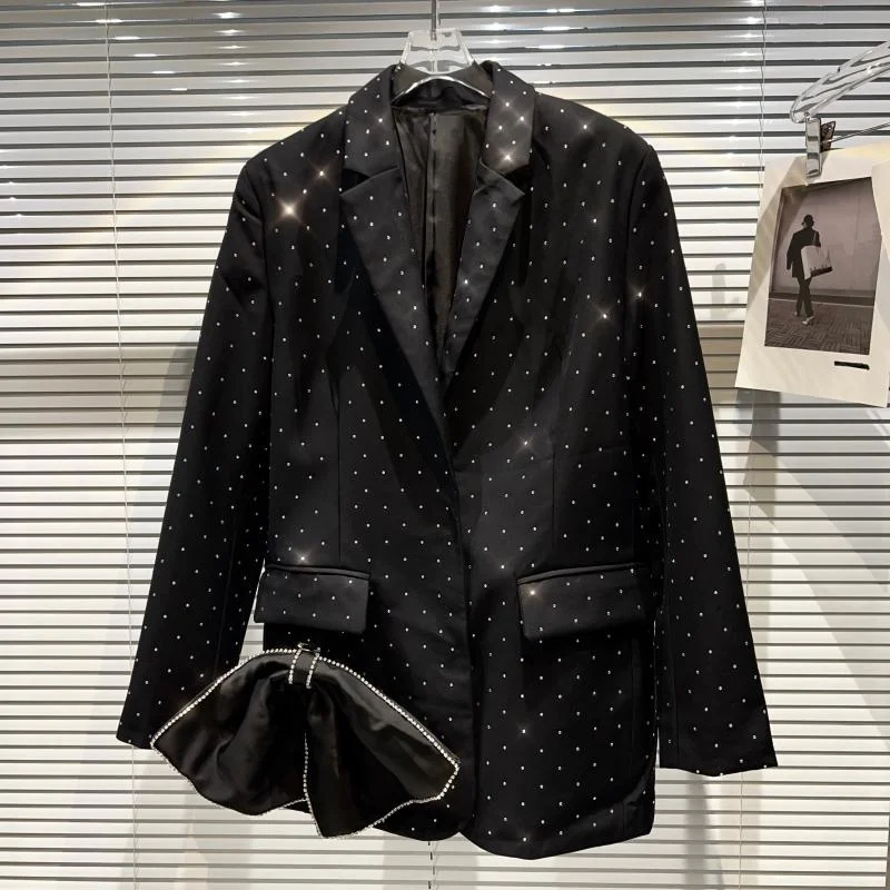 

Diamond Sequins Big Bow Detailed Black Blazer Spring Women Suit Coat