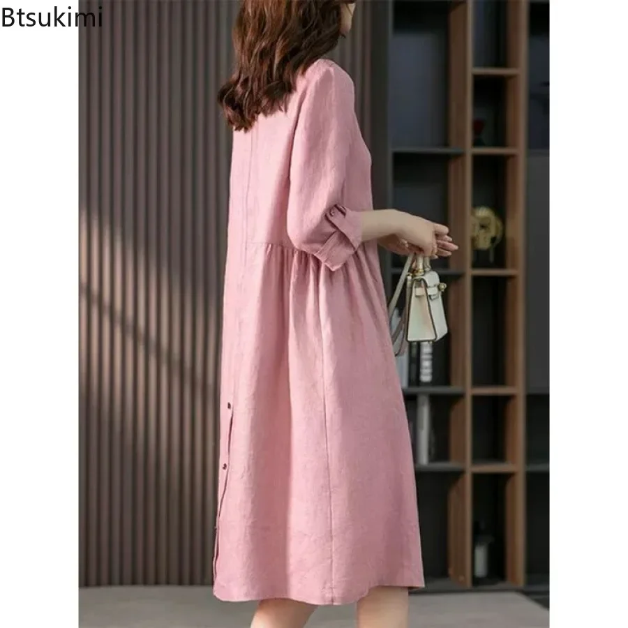 2024 летнее модное хлопково-льняное платье-рубашка для женщин удобное свободное