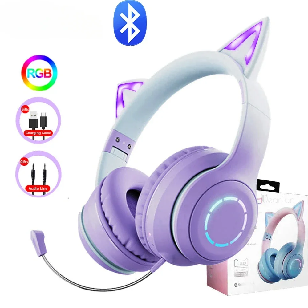 

Градиентные розовые наушники с кошачьими ушками и микрофоном для девочек, детские наушники для телефона, MP3, Hi-Fi стерео, музыкальные светящиеся беспроводные наушники, Лидер продаж, новинка