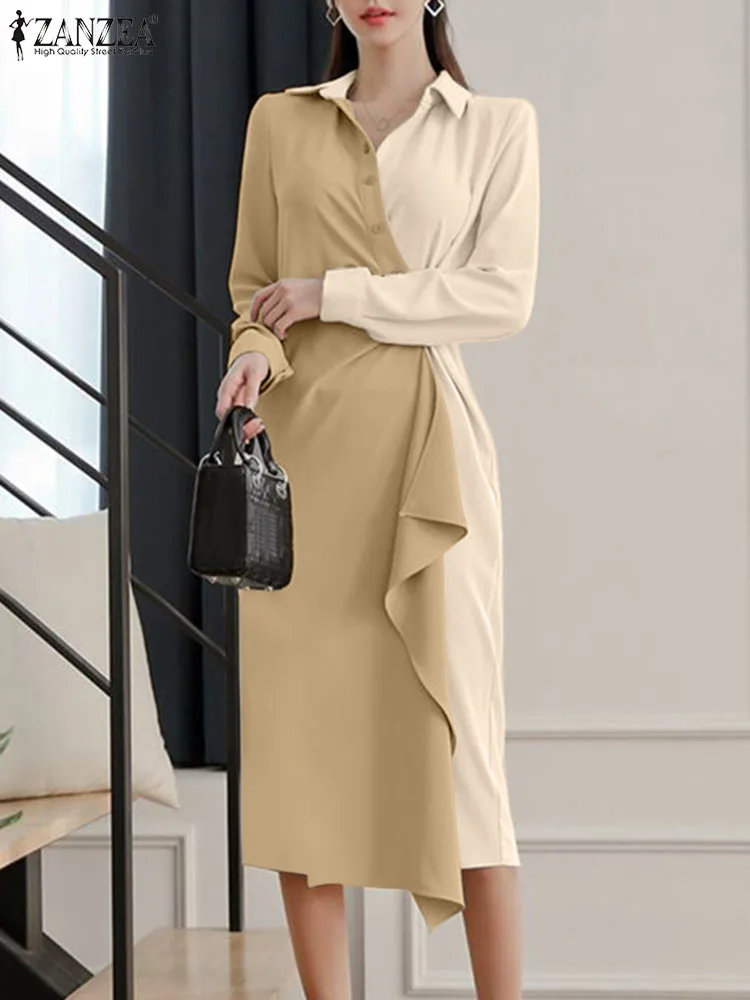 

ZANZEA Women Long Dress Ruffled Stitching 2023 Fashion Colorblock Midi Vestido Autumn Lapel Long Sleeve Dress Casual Pleats Robe