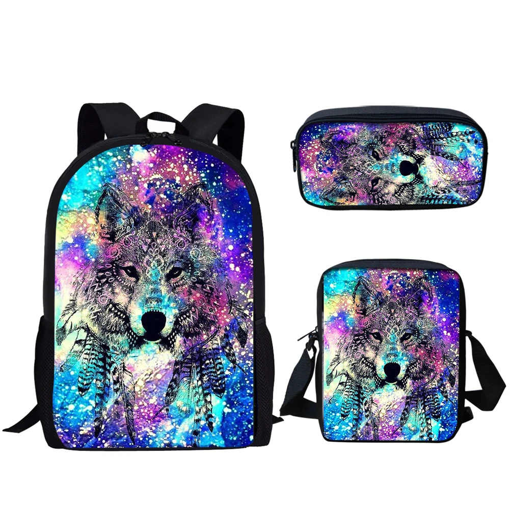 Belidome 3Set School Bags for Teen Boys Girls Aesthetic Wolf Print Casual Backpack Bookbag for College Student Mochila Infantil