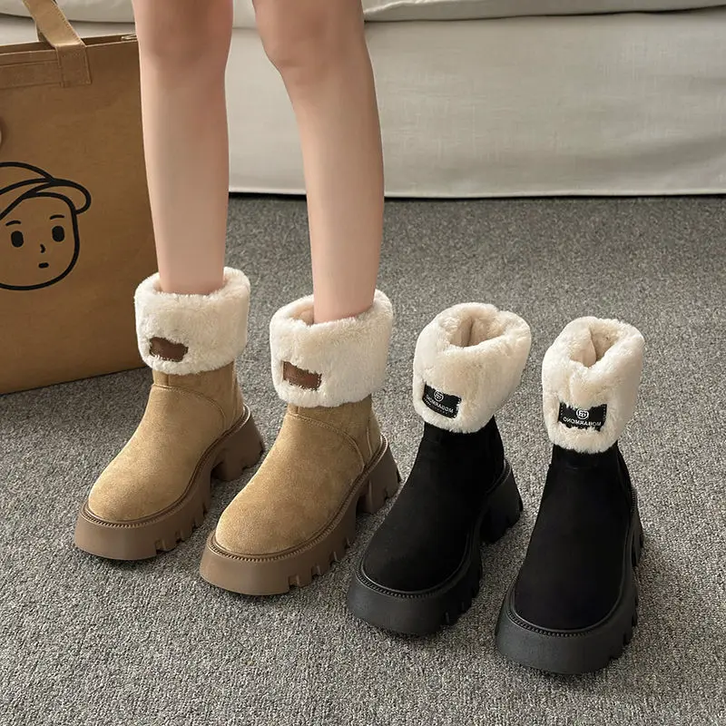 

Snow Boots Women's Plush Martin Boots Winter New Style Plus Velvet Thick Thick-heeled Short Boots Non-slip Warm Cotton Shoes