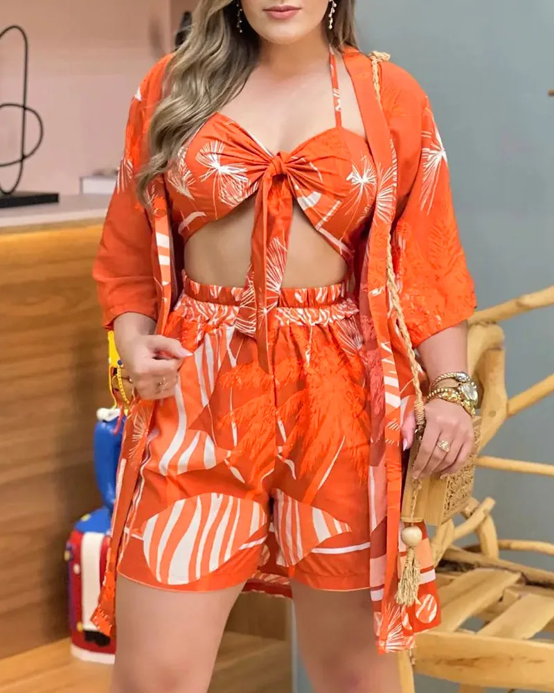

Комплект из топа и шорт с тропическим принтом и бюстгальтера с завязками, Женская весенне-летняя модная сексуальная одежда, костюм