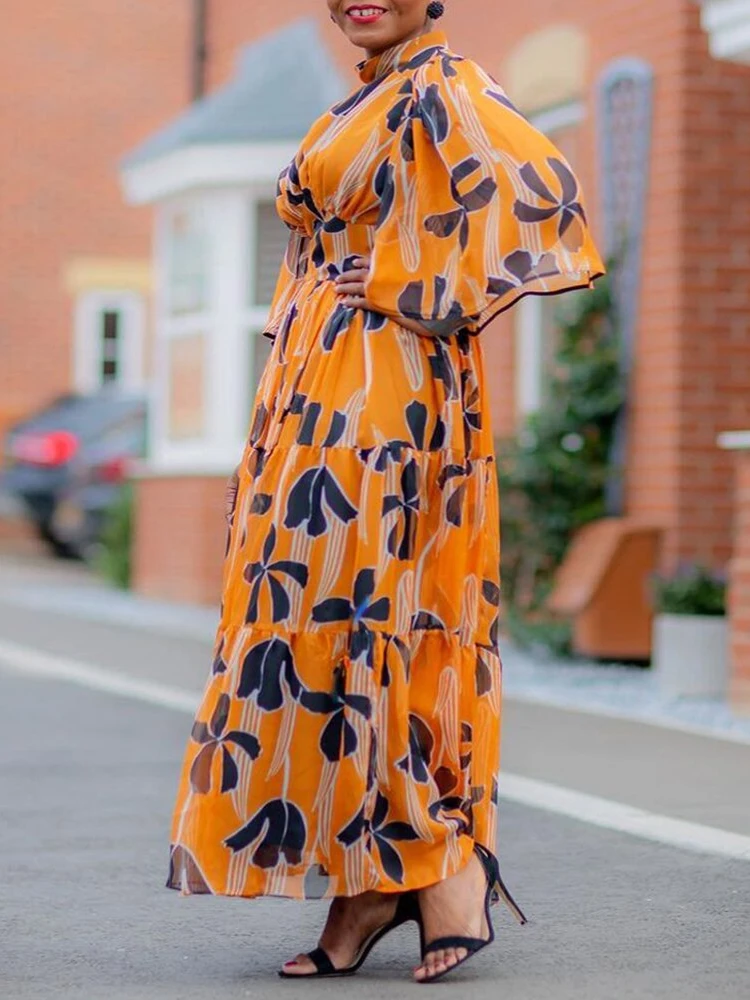 

Chic Women Long Dress Puffy Flare Sleeve Printed Dress Ankle Length Party Vacation Holiday Beach Wear 2022 Summer Large Size 5XL