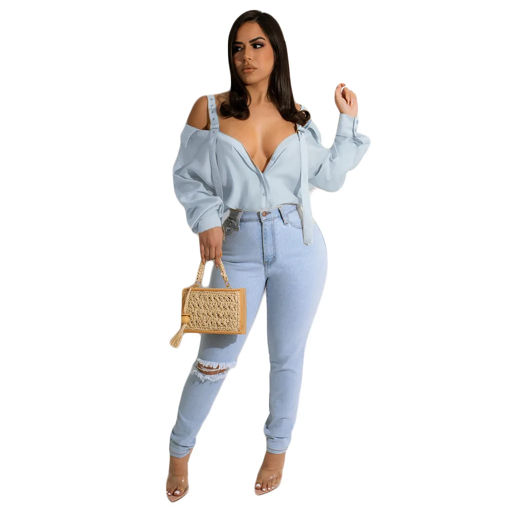 Women Chiffon Blouses 2022 Summer Simple Fashion Style Solid Sexy Sling Long Sleeve Deep V neck Hollow Out Slim Shirt Streetwear