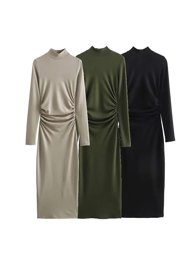 

ZADATA new autumn and winter women's casual and versatile simple solid color retro slim long-sleeved elegant party dress