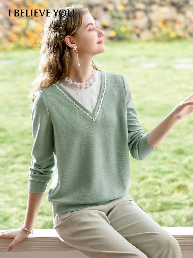 

I BELIEVE YOU Spring T-shirt Women 2022 Office Lady Temperament Gentle Patchwork Long Sleeve T-shirts Female Clothing 2221014369