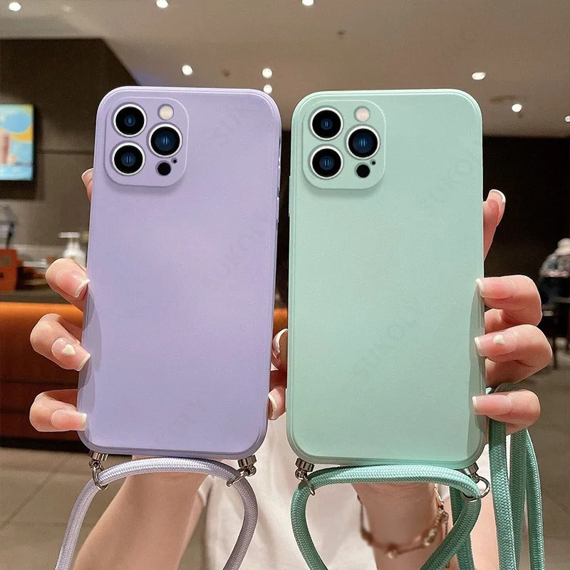 

For iPhone 13 Pro Max Square Liquid Silicone Lanyard Case For iPhone 12 11 XS XR X 8 7 Plus SE 2022 Crossbody Neck Strap Cover