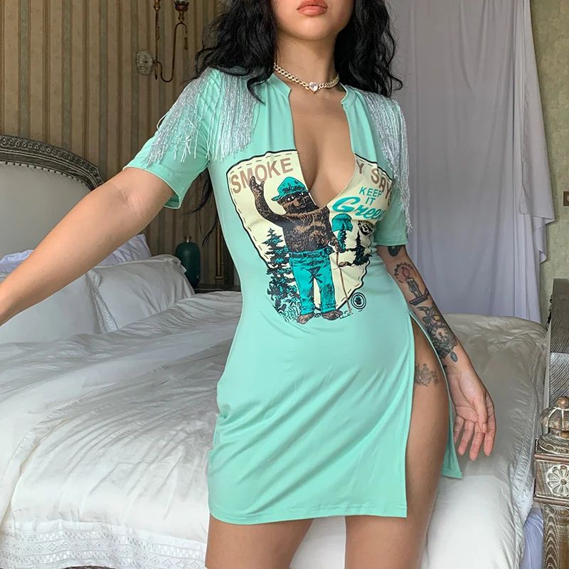 

2022 Summer New Print Tassel V-neck Short Sleeve Autumn Dress Sexy Dress Short Skirt T Shirt Streetwear Casual Sundresses