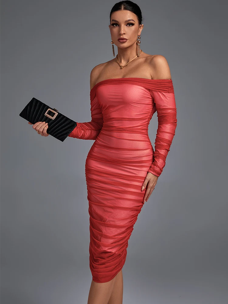 

Mesh Off Shoulder Bodycon Dress 2022 Women Red Evening Party Dress Bodycon Elegant Sexy Long Sleeve Midi Summer Club Outfits