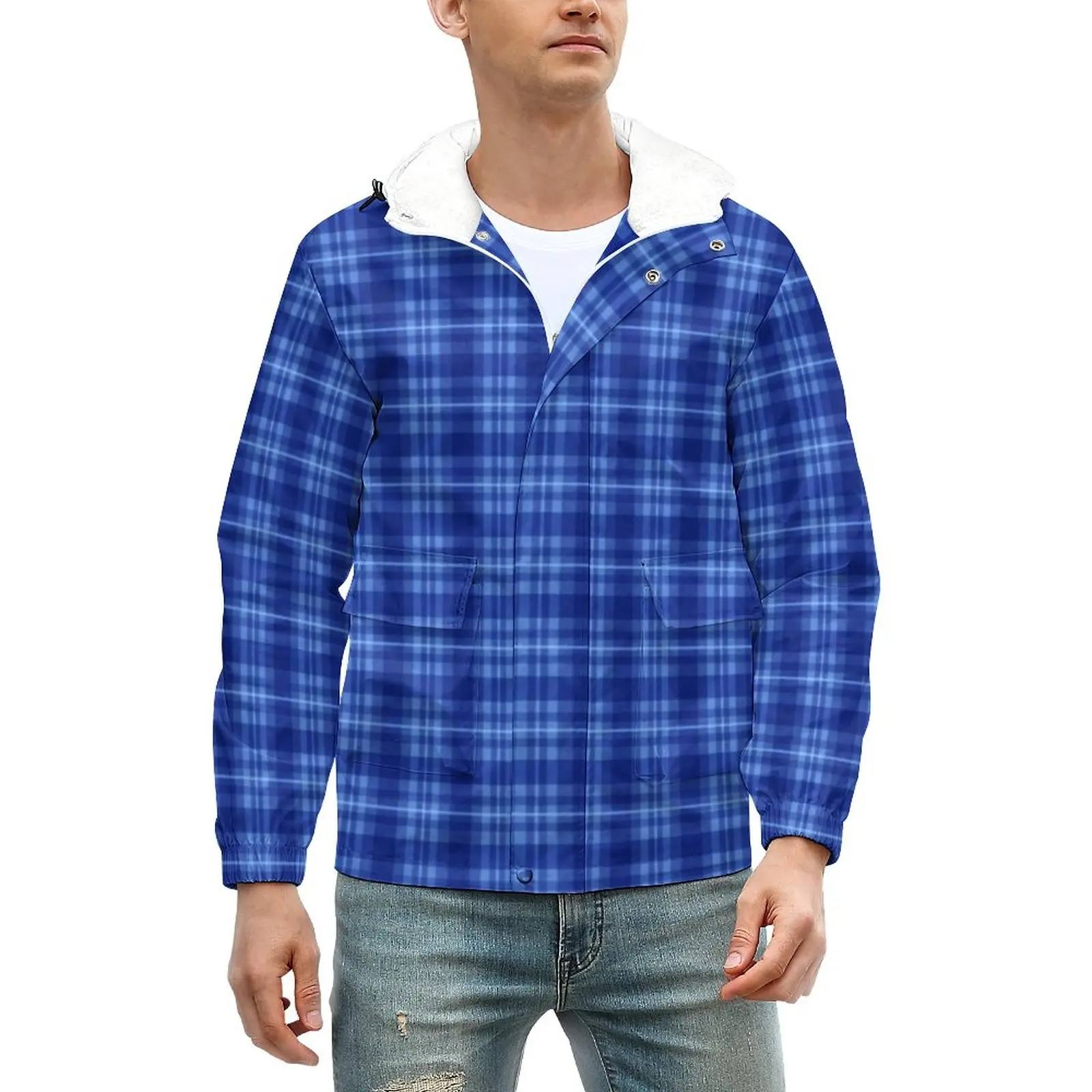 

Royal Blue Plaid Jackets Winter Striped Print Aesthetic Thick Casual Coats Waterproof Loose Windbreakers Design Oversized Jacket