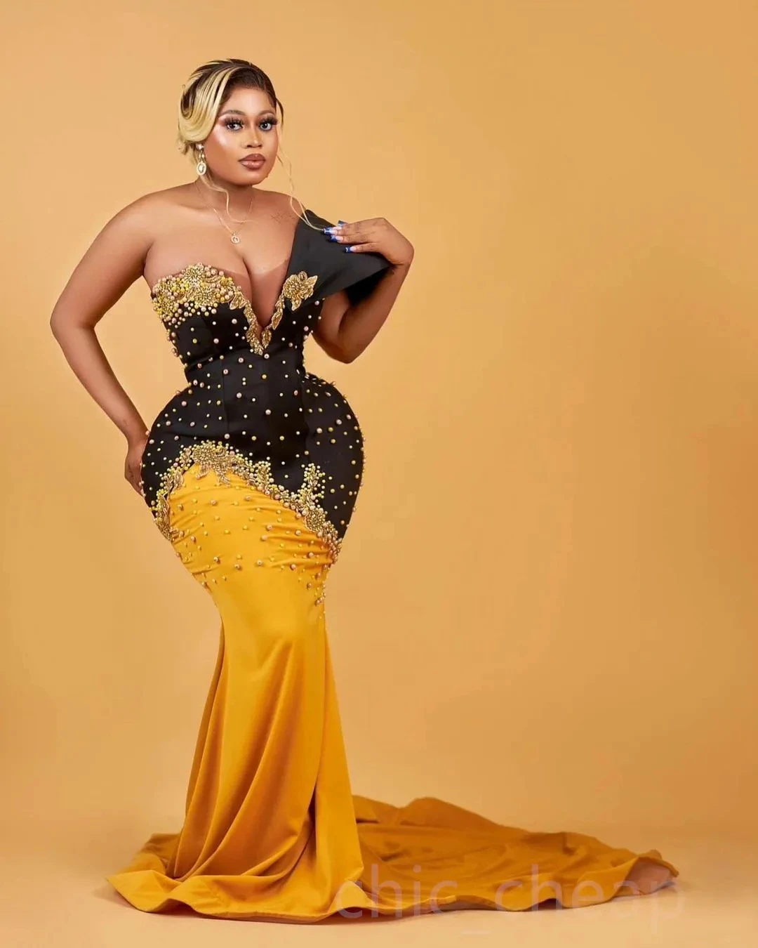 

Gold African American Prom Dresses Mermaid One-shoulder Pearls Black Girls Nigeria Robe De Soiree Evening Dresses Gown