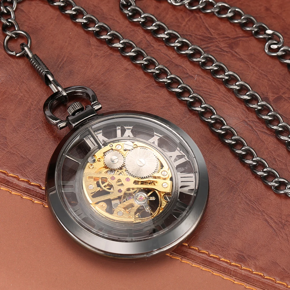 Roman Numerals Skeleton Mechanical Pocket Watch Open Face Transparent Glass Pendant Hand-Winding Antique Pocket Timepiece