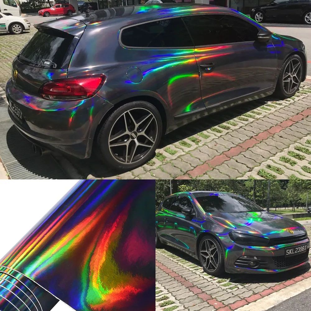 

Adesivi per auto neri cromati Laser olografici Car Interior Body Wrap pellicola in vinile nero con decalcomanie arcobaleno