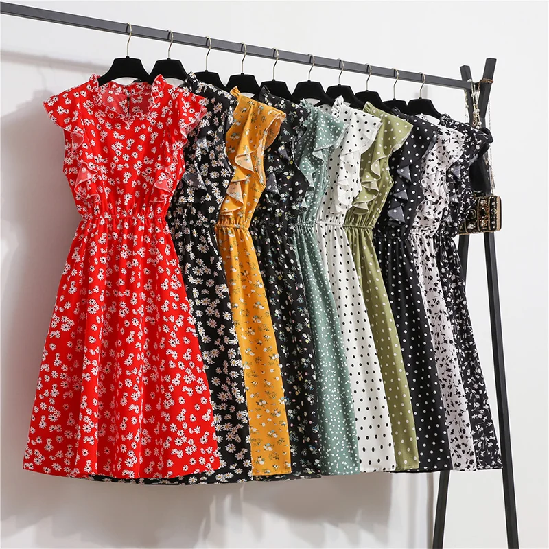 Женское шифоновое платье в горошек красное элегантное средней длины до колена