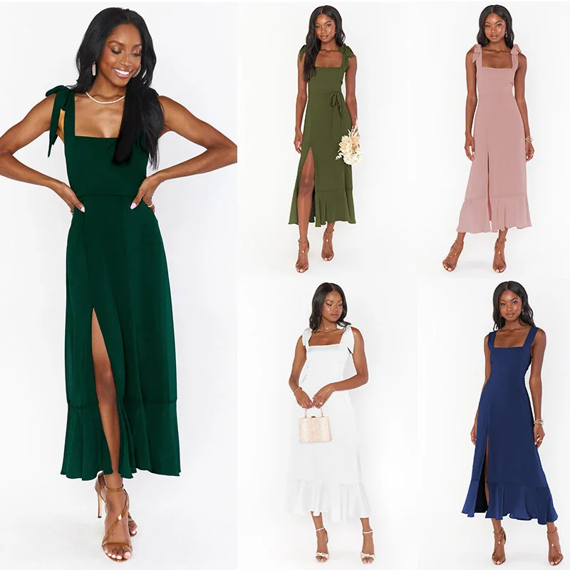 

Женское платье с разрезом, завышенной талией и поясом