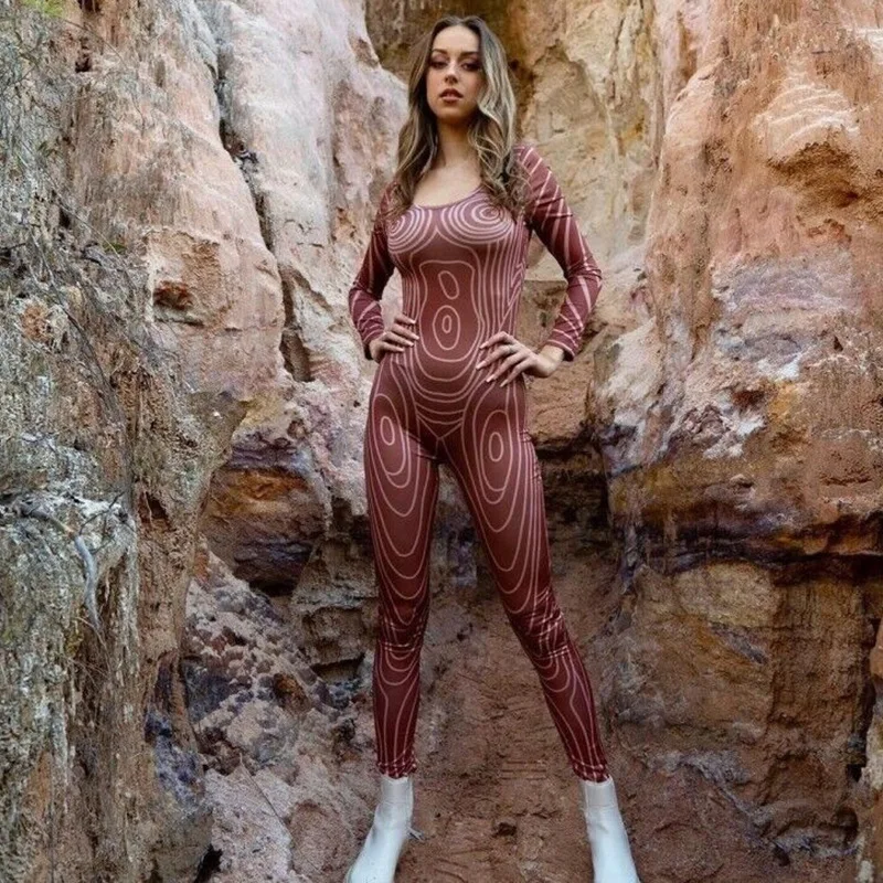 

Fashion Abstract Low Neck Paisley Print Jumpsuit Women Long Sleeve Body-Shaping One Piece Outfit Female Streetwear Overall