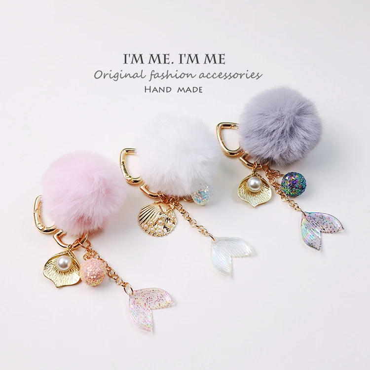 

Ins Couple Cute Fishtail Shell Hair Ball Beautiful Girl Pendant Keychain School Bag Pendant Airpods Pendant