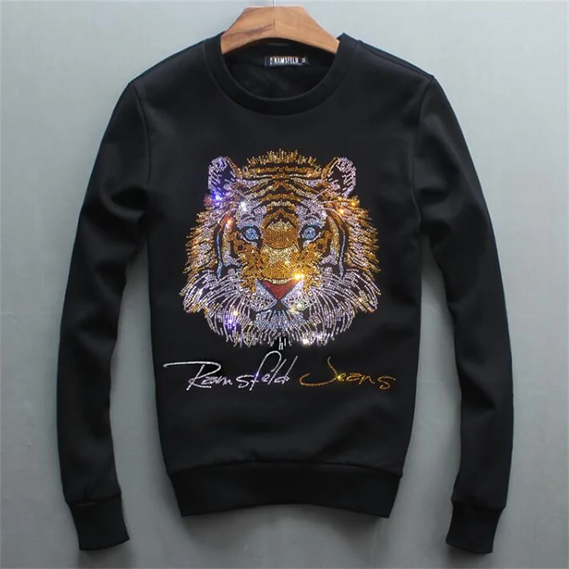 

Autumn And 2023 Winter New Men's Round Neck Joker Quality Tiger Rhinestone Hoodie Casual Warm Bodybuilding Sweatshirt