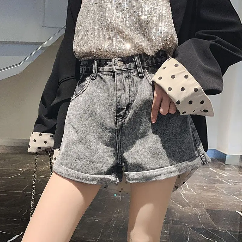 New Pleated Hem Denim Shorts Women's High-waisted Loose Wide Leg Pants Student Curled Bud Hot Pants Baggy Vintage Jeans