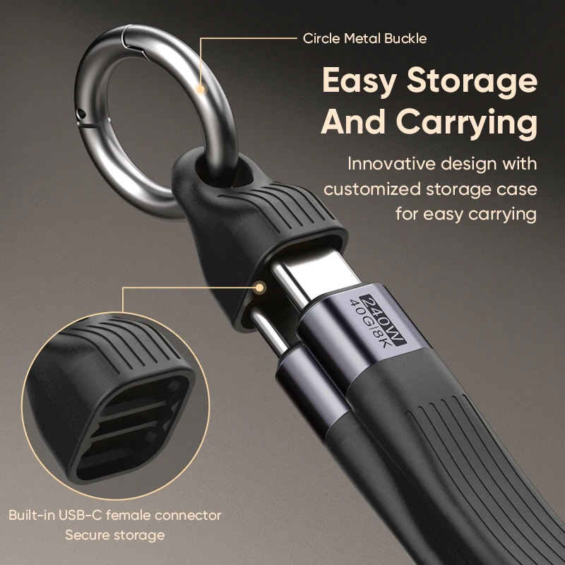 Фото NNBILI USB4.0 Кабель даты Портативный брелок 240 Вт 5 А Кабель USB C для быстрой зарядки 40 Гбит/с Передача данных 8K 60 Гц Видеодисплей ﻿ №5